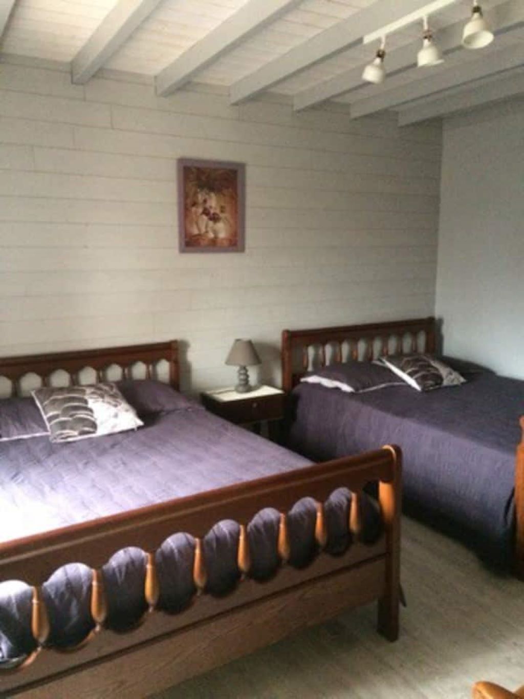 A bedroom with two wooden beds, each with a headboard, a nightstand, a lamp, and a framed picture on the wall.