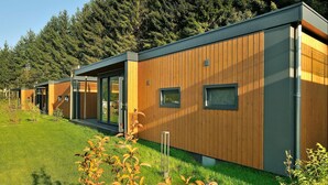 A modern building with wooden paneling and large windows, surrounded by a well-maintained lawn and trees. - Chalet in Tyrol near Ski Slopes (Kramsach)
