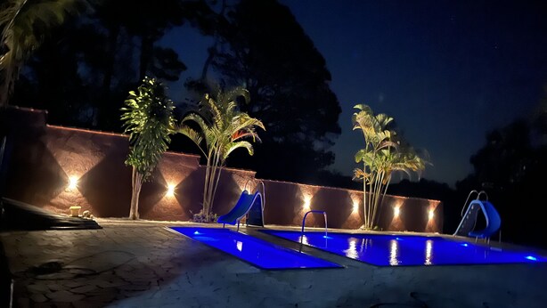 Una piscina exterior con iluminación azul, palmeras y un muro de piedra de noche.