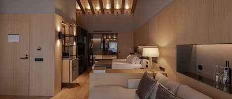 Suite with terrace | Área de sala de estar | Piso con calefacción