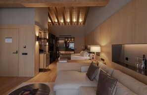 A modern hotel room with a wooden ceiling, a sofa, a bed, a TV, and a minibar. - The Blackpine Hotel, Small Luxury Hotels (Escaldes-Engordany)