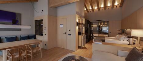 A modern interior with a wooden ceiling, a dining area with a table and chairs, a sofa, and a small coffee table.