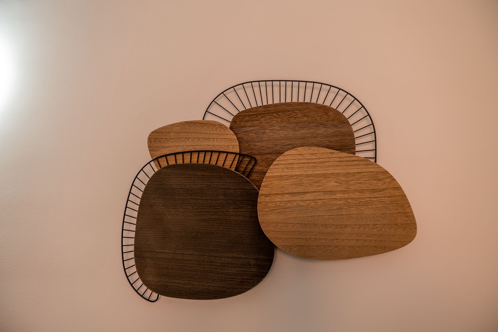 Un muro con cinque pannelli di legno di diverse dimensioni e forme, ognuno con cornice in metallo nero.