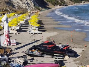 On the beach, sun loungers, beach towels
