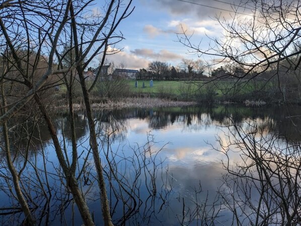A calm lake with reflections of trees and a building in the background. - "The Pod" Fabulous glamping pod near Snowdonia.
(Pontllyfni)