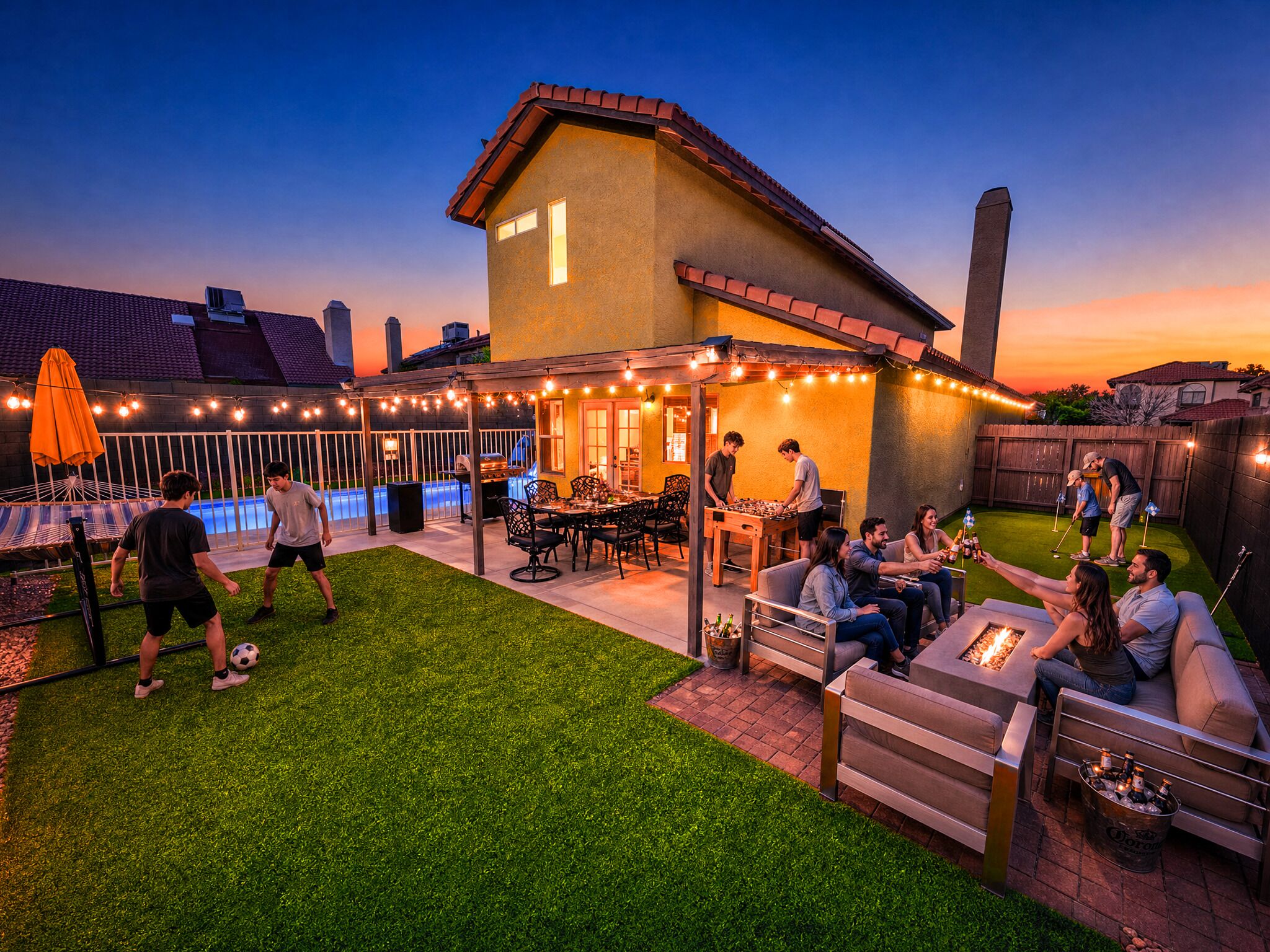 A backyard with a pool, outdoor seating, and a barbecue area.