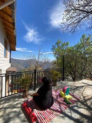 Property grounds - A wooden cottage in an fruits orchard facing Himalayas 
 (Ramgarh)