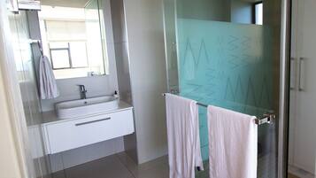 Une salle de bain moderne avec une douche à l’italienne en verre, un lavabo blanc et un miroir.