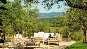 Un espace extérieur aménagé avec du mobilier en bois et un ordinateur portable, entouré d’arbres et offrant une vue sur des collines lointaines.