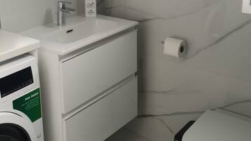 A bathroom with a white sink, a toilet paper holder, and a washing machine.