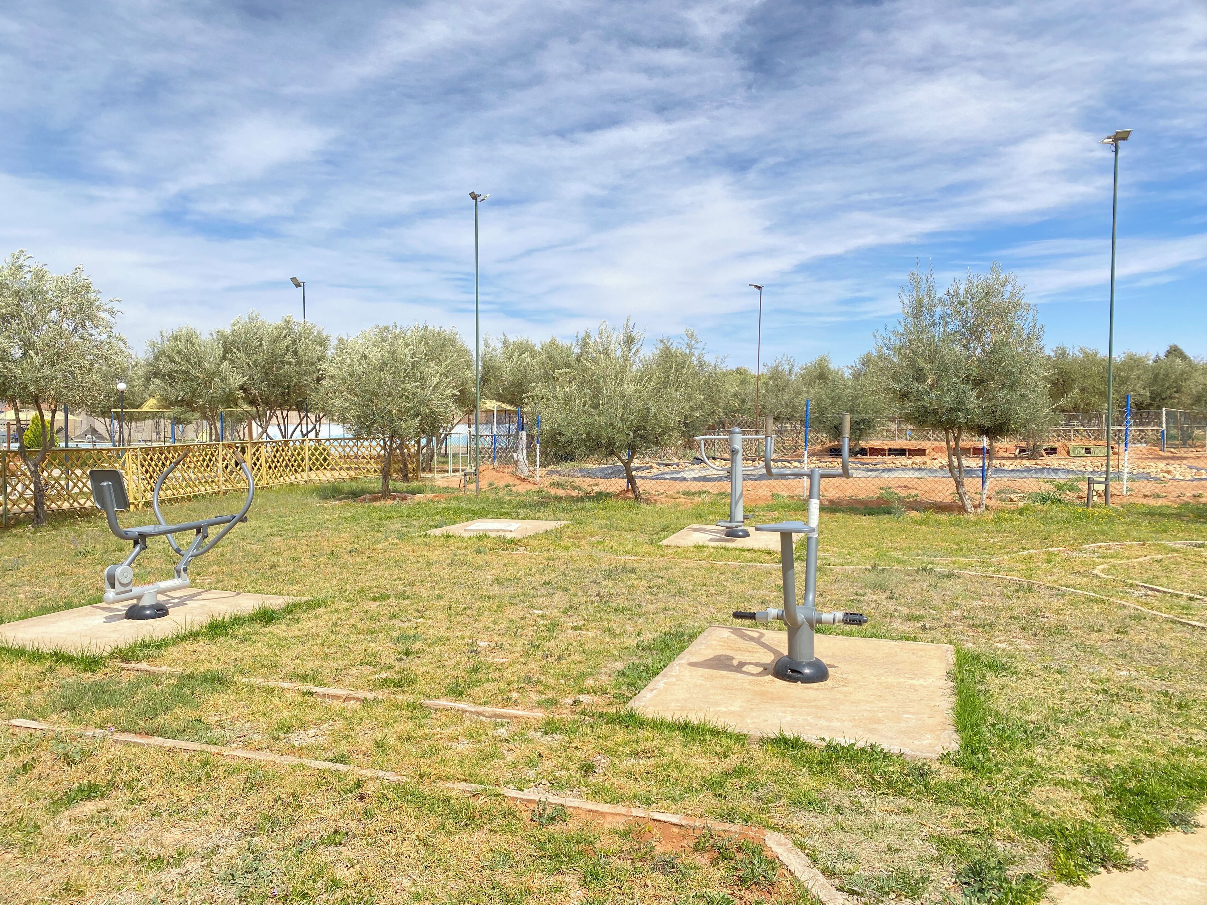 An outdoor gym area with exercise equipment, trees, and a clear sky.