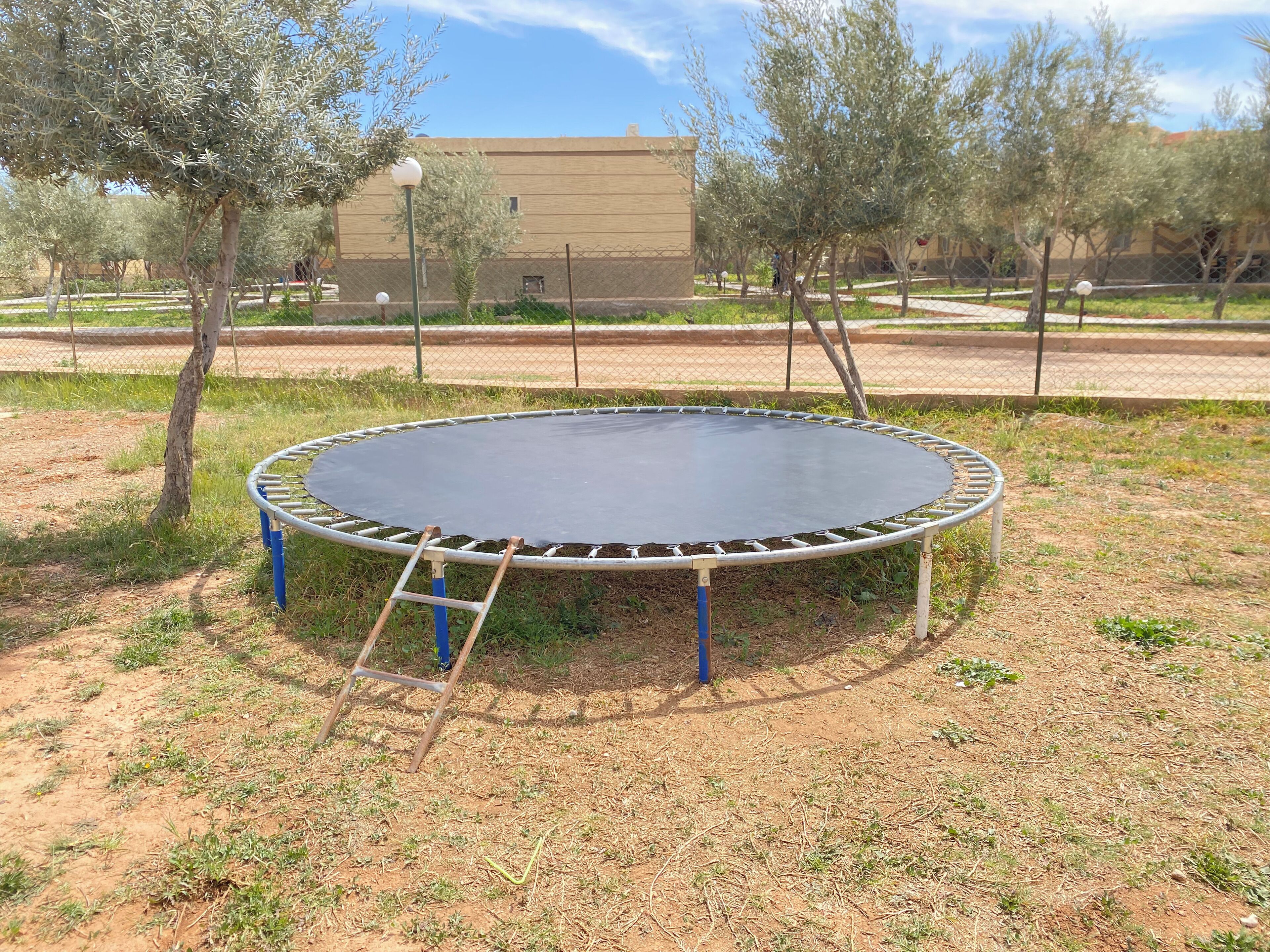 A trampoline in an outdoor area with a dirt ground, surrounded by trees and a building in the background.