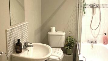 Combined shower/bathtub, deep-soaking bathtub, hair dryer