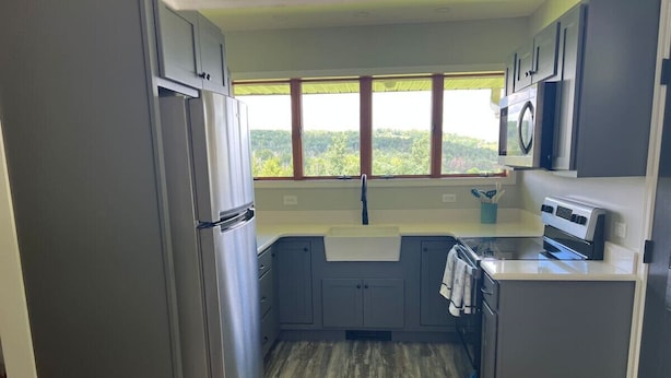 Une cuisine moderne avec des meubles gris, un réfrigérateur en acier inoxydable, un four encastré et une fenêtre donnant sur un paysage verdoyant.