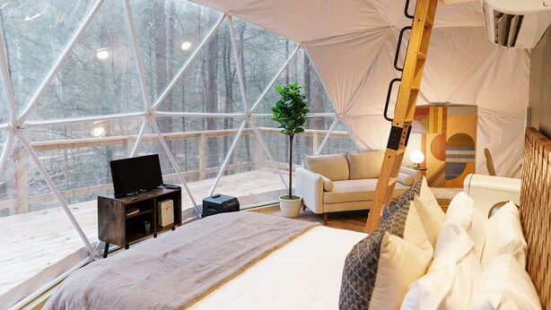 A cozy, well-lit tented room with a bed, a small table, a TV, and a plant. - "The Perch" RRG - Modern Elevated Stay w/ Hot Tub (Campton)