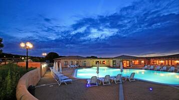 Seasonal outdoor pool, pool umbrellas, pool loungers