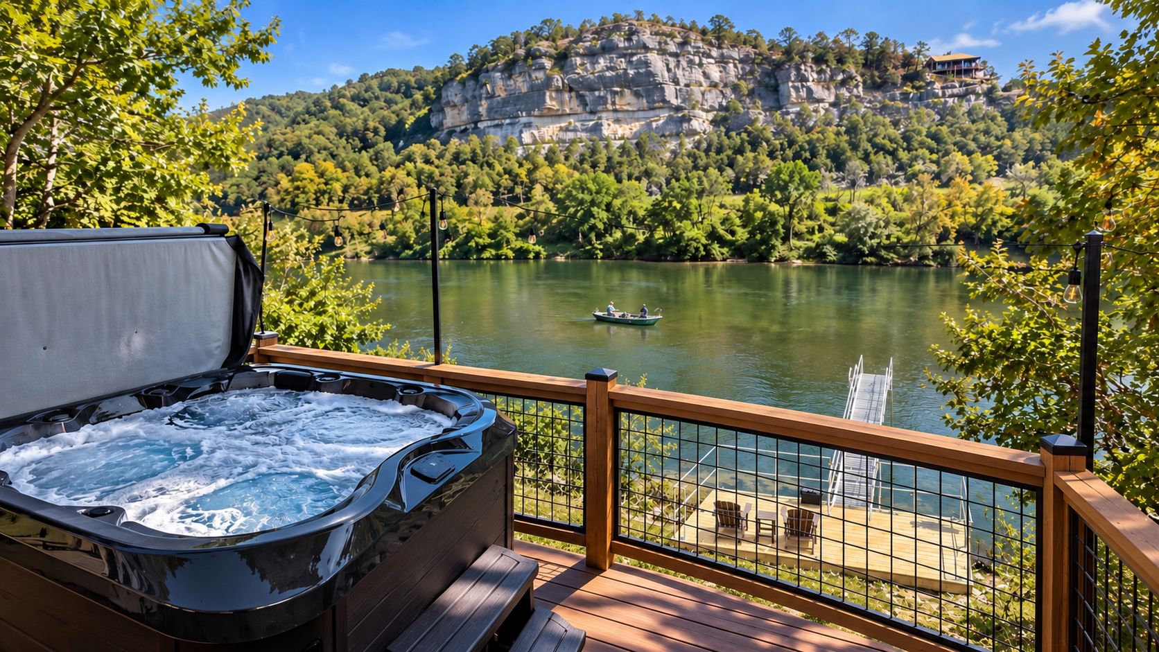 Un jacuzzi en una terraza con vistas a un lago, con un risco y árboles al fondo.