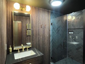 Chuveiro, secador de cabelo, toalhas de banho, sabonete