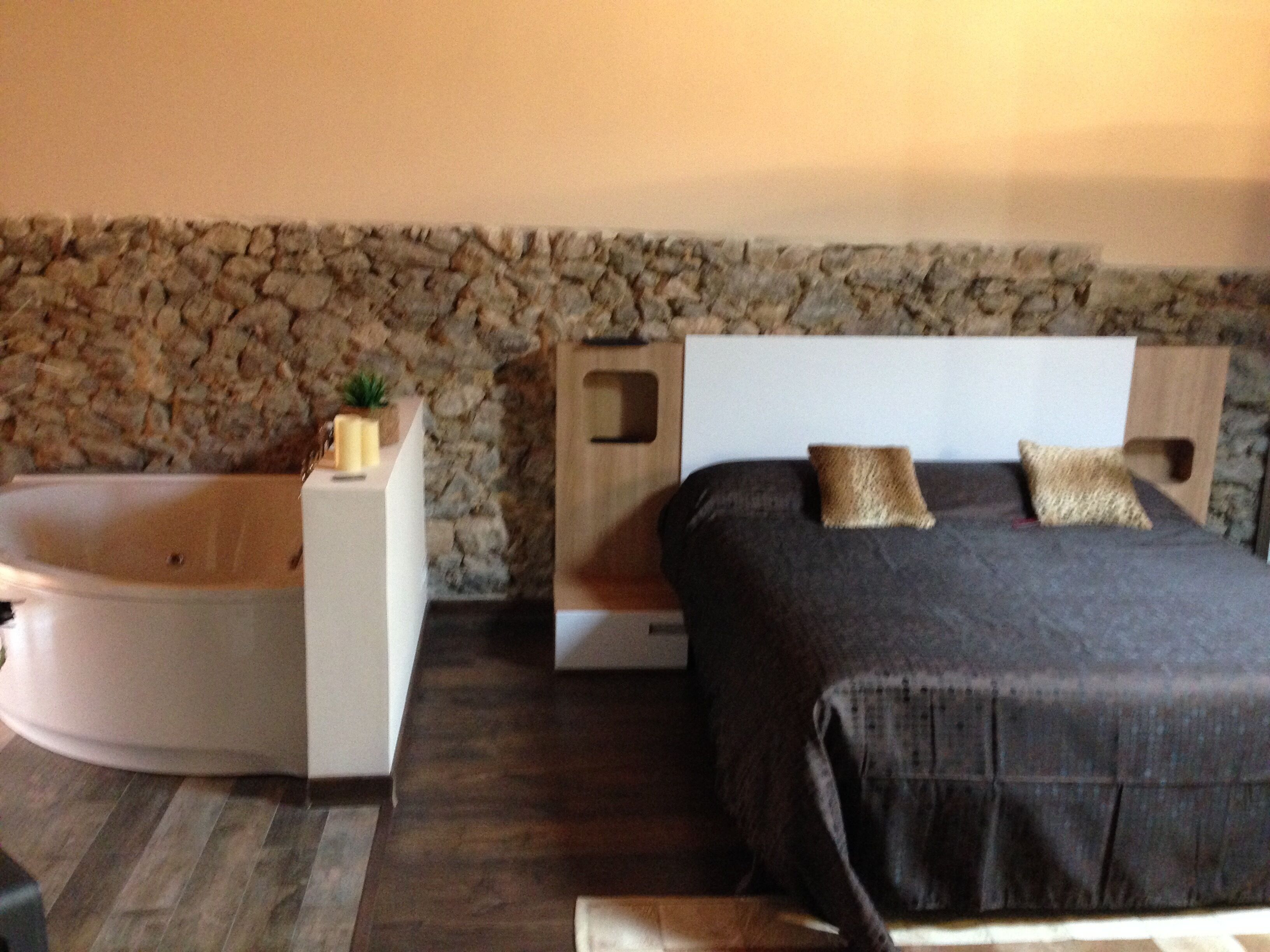 A bedroom with a stone wall, a bed with two pillows, a bedside table with a lamp, and a bathtub.