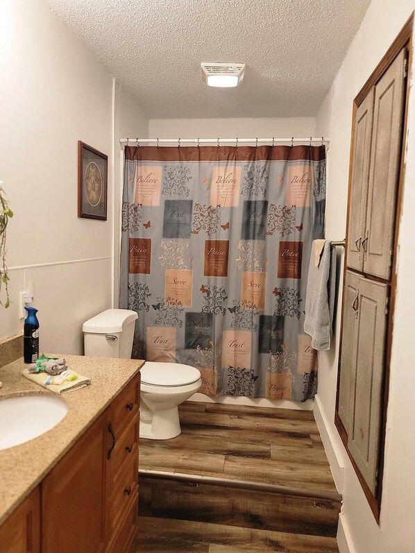 Hair dryer, towels, soap, shampoo