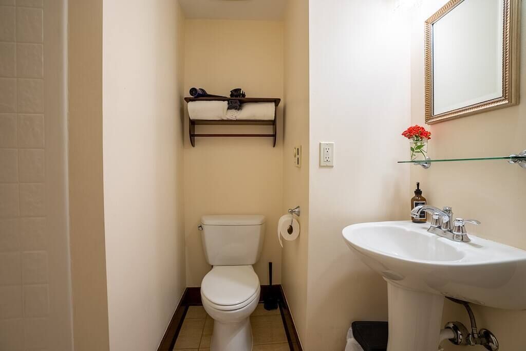 A compact bathroom with a toilet, a sink, and a mirror.