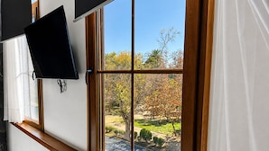 Una habitación con un ventanal grande, un televisor de pantalla plana montado en la pared y un radiador.