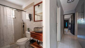 A modern bathroom with a shower, toilet, vanity, and a large mirror.