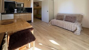 A compact living space with a kitchenette, a sofa, and a dining area.