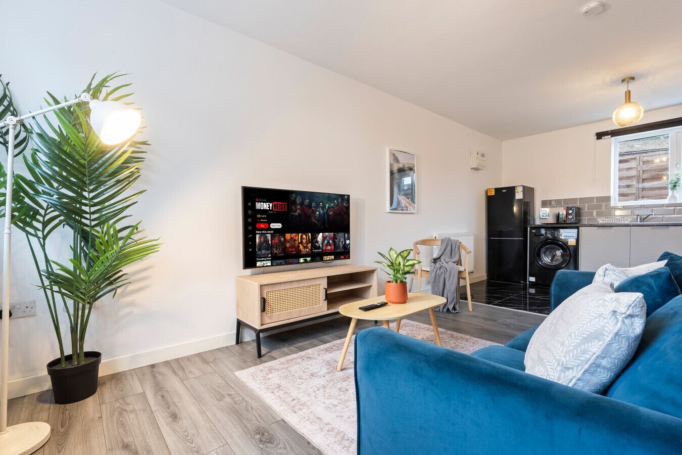 Een moderne woonkamer met een flatscreen televisie, een bank, een bijzettafeltje en een potplant.