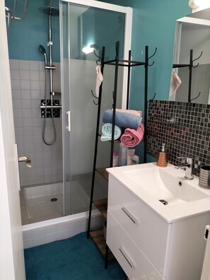 Shower, hair dryer, soap, shampoo - LA Roseraie à 2 mn à Pied des Thermes Spa Aquensis, Casino, au Pied des Pyrénées (Bagnères-de-Bigorre)