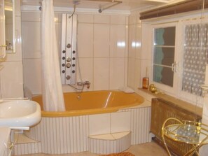 Shower, hair dryer, towels, toilet paper