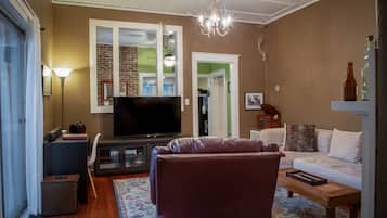 Smart TV, fireplace, DVD player, books
