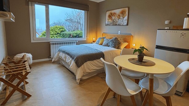 A bedroom with a bed, a window, a radiator, a table with chairs, a refrigerator, and a plant. - Studio in Bariloche for two people (San Carlos de Bariloche)