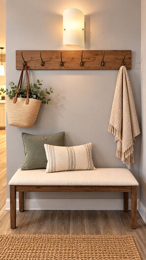 Een houten bank met een geweven vloerkleed, een wandlamp, een hangplant en een bank met kussens.
