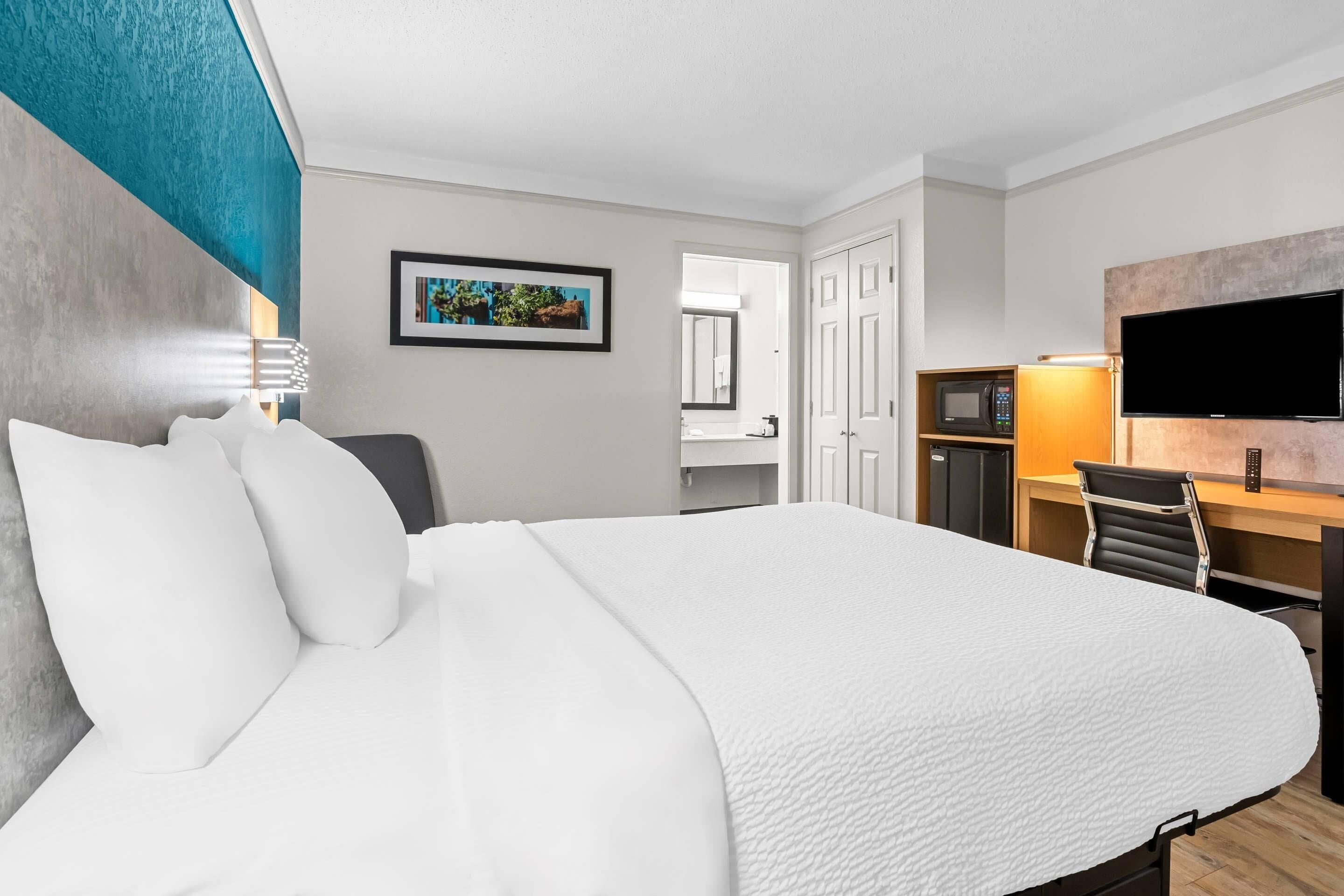 A hotel room with a large bed, a desk, a chair, a television, and a microwave.