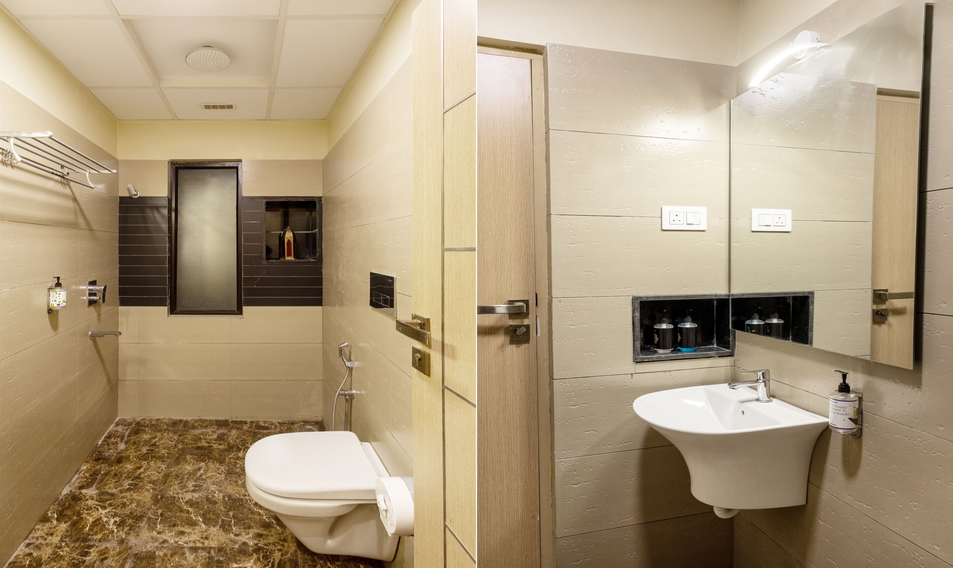 A bathroom with a toilet, sink, mirror, and shower.