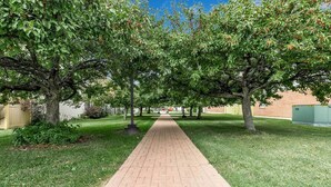 A paved pathway flanked by trees and grass, leading to a building with a brick wall. - Central Downtown Living (Buffalo)