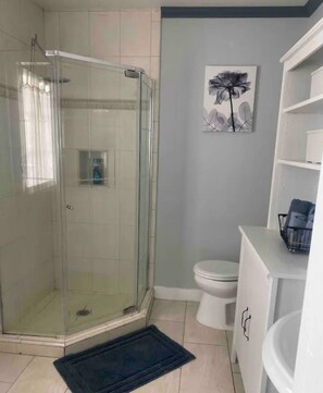 Hair dryer, towels, soap, shampoo