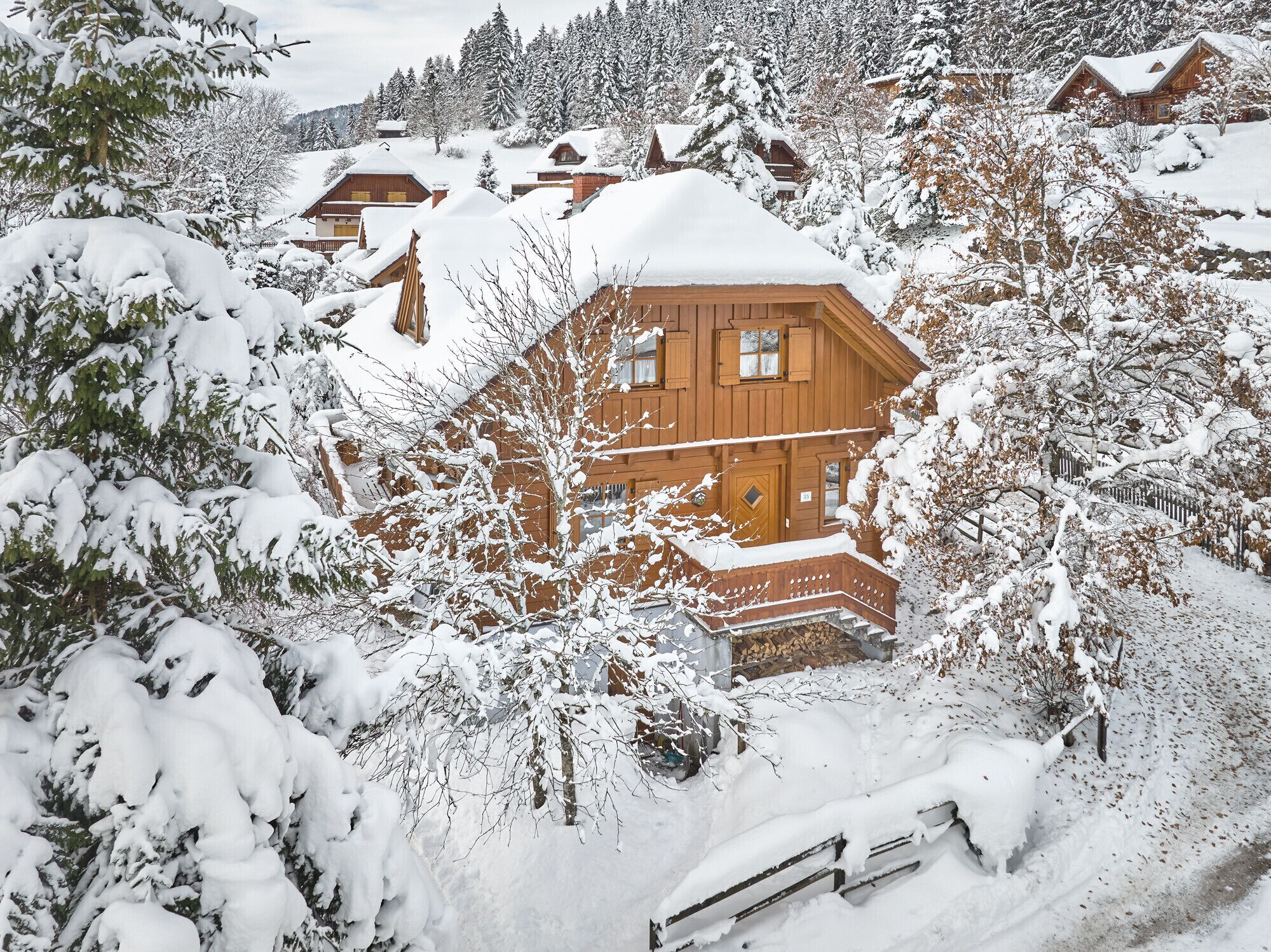 Una baita di legno circondata da alberi innevati.