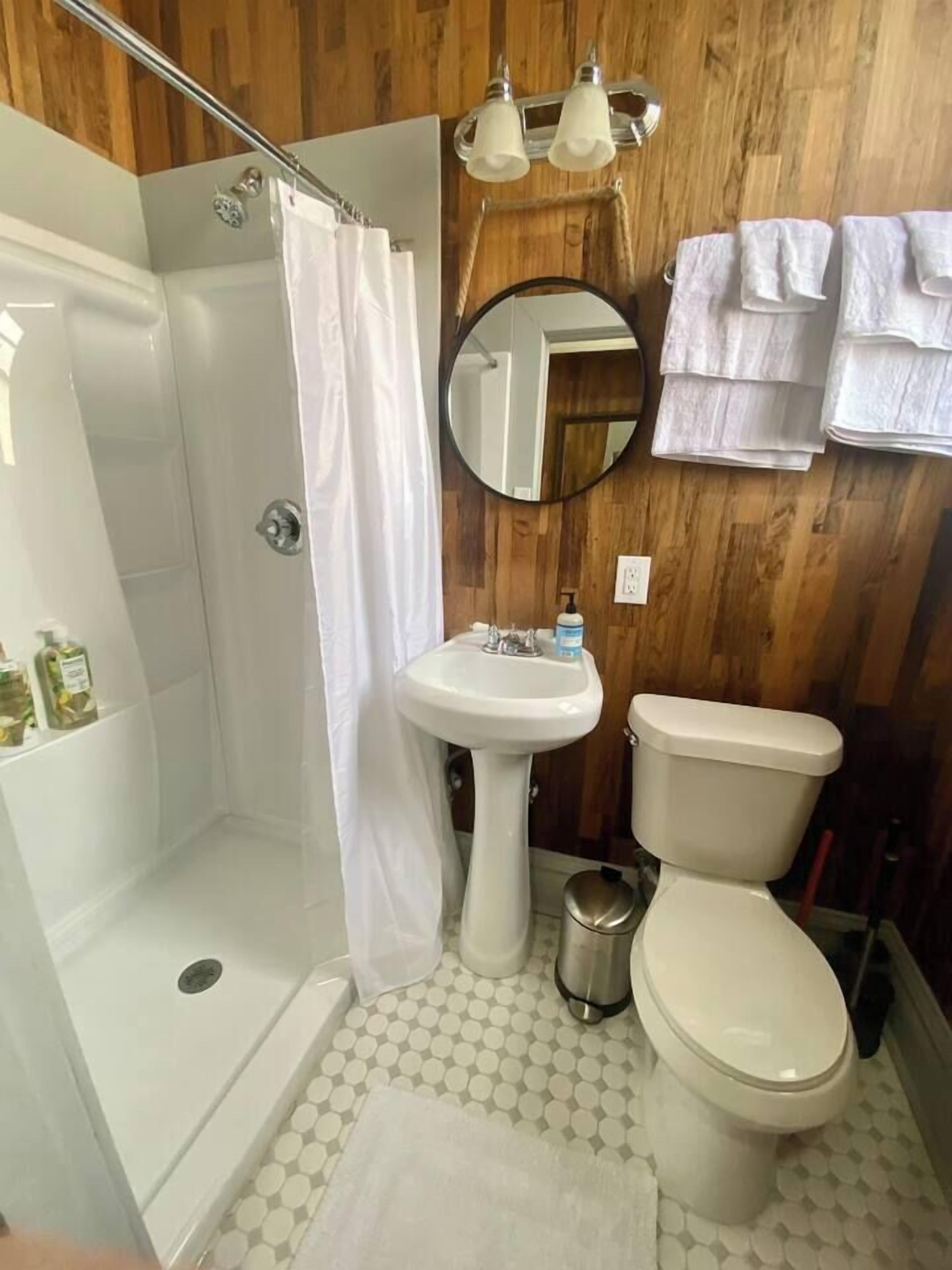 A bathroom with a shower, a sink, and a toilet.