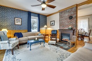 TV, fireplace, books