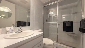 Hair dryer, towels, toilet paper