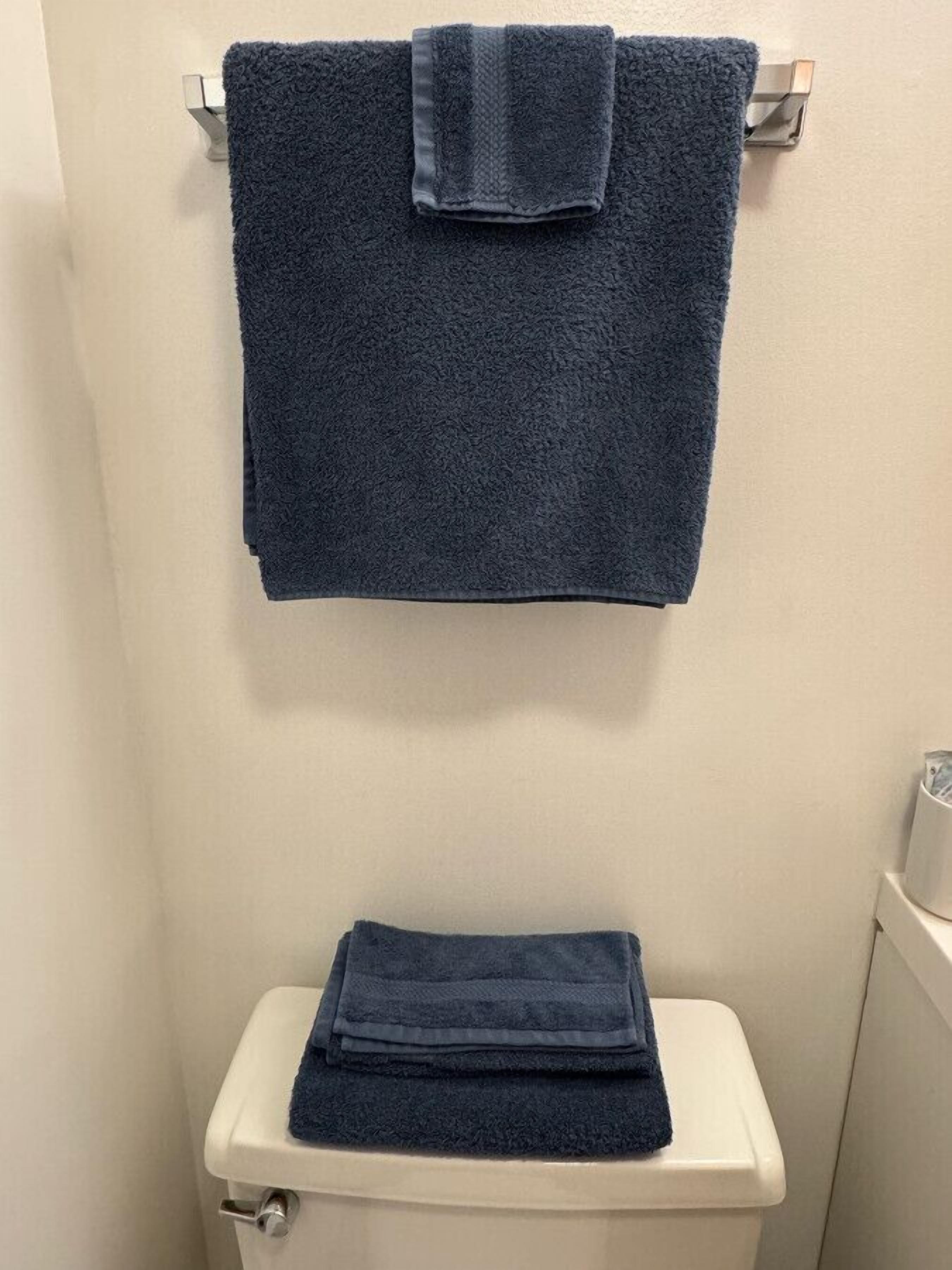 Une salle de bain avec des toilettes blanches et une serviette bleue suspendue à un porte-serviettes en métal.