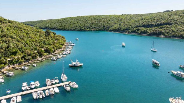 A marina with boats docked along a coastline, surrounded by lush greenery. - Villa with sea views and private jacuzzi (Krnica)