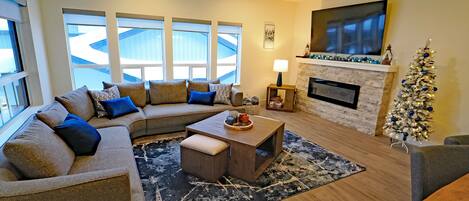 Smart TV, fireplace, books, computer monitors