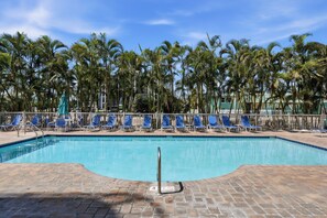 A swimming pool with blue chairs and palm trees in the background.