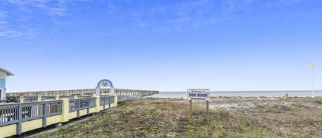 A beach with a wooden boardwalk, a sign reading "Welcome to Dog Beach," and a pier in the background.