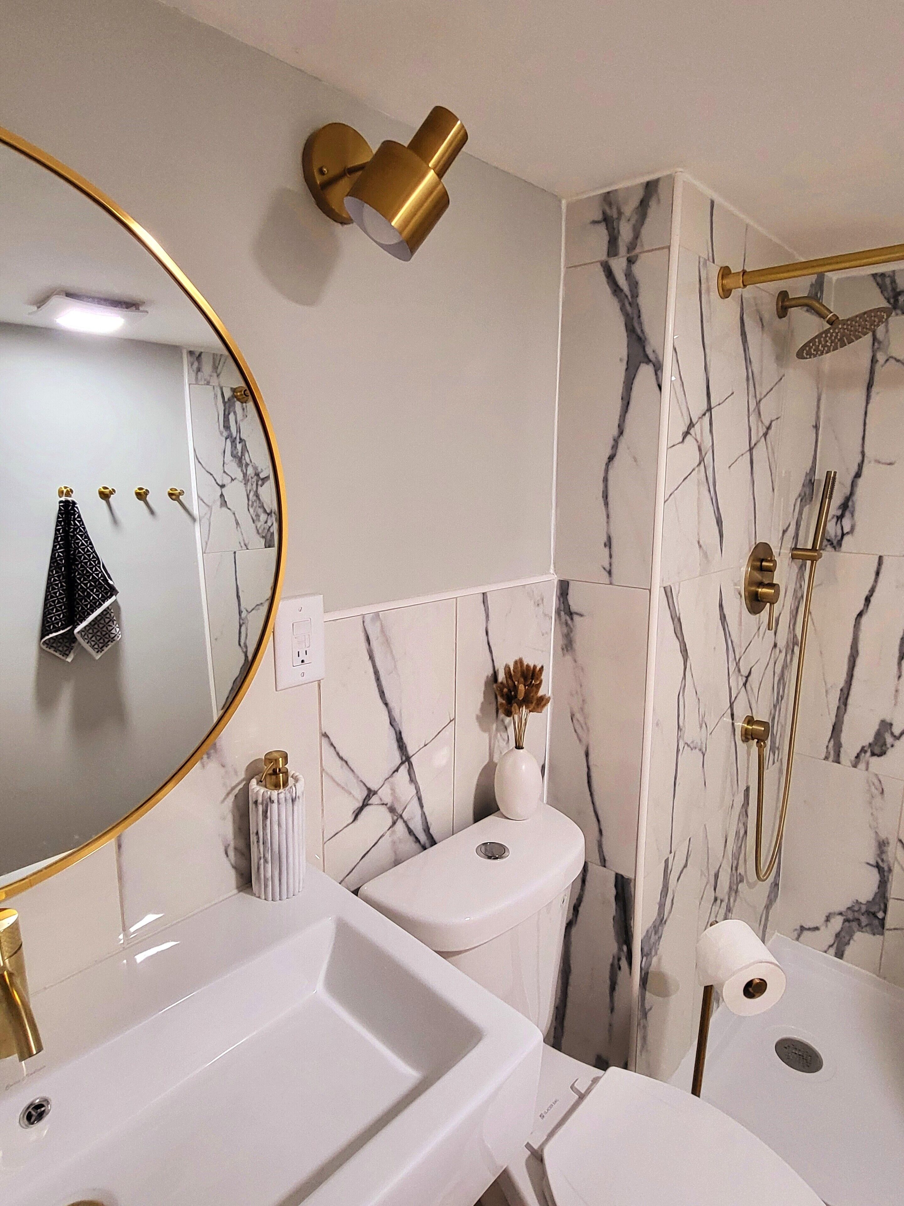 Shower, towels, soap, shampoo