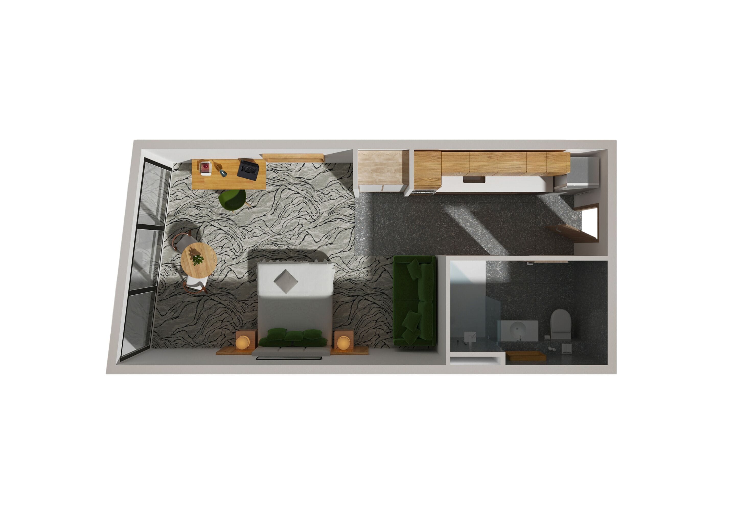 Grundriss eines Hotelzimmers mit Bett, Schreibtisch, Stuhl, kleinem Tisch, Pflanze und Fenster.