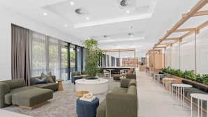 Amplia sala de estar moderna con sofás, una mesa de centro y una gran planta en maceta.